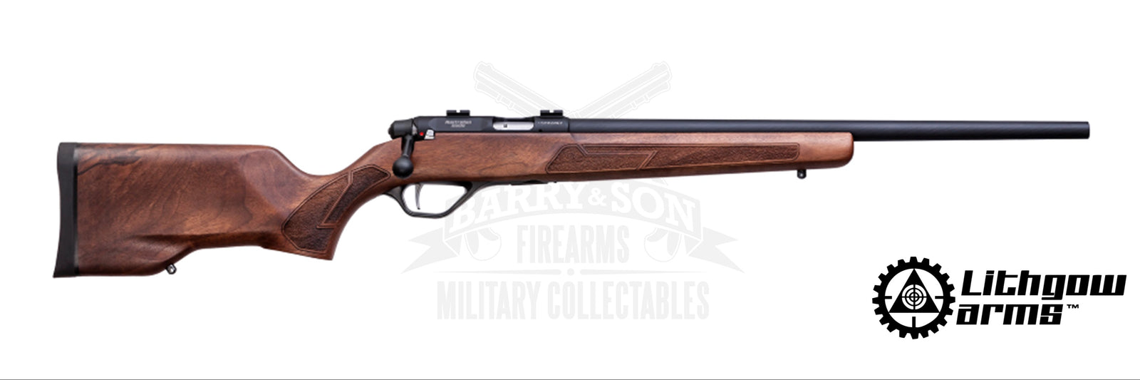 LITHGOW LA101, 17HMR WALNUT STOCK, BLACK BARREL FINISH RIFLE