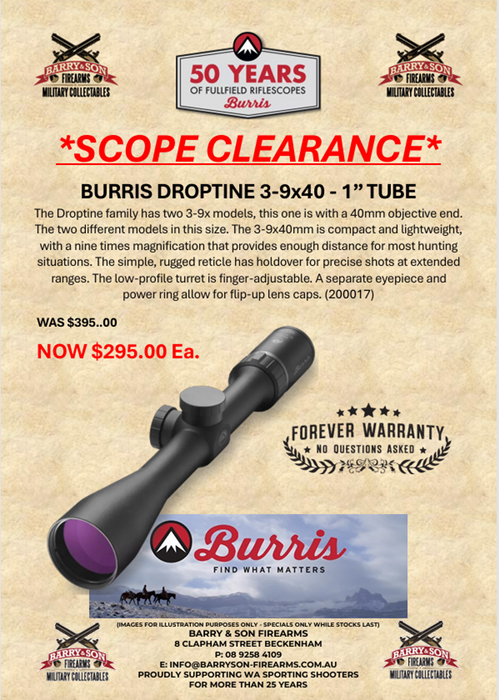 BURRIS DROPTINE | 3-9x40 | BALLISTIC PLEX | 1" TUBE | SCOPE CLEARANCE