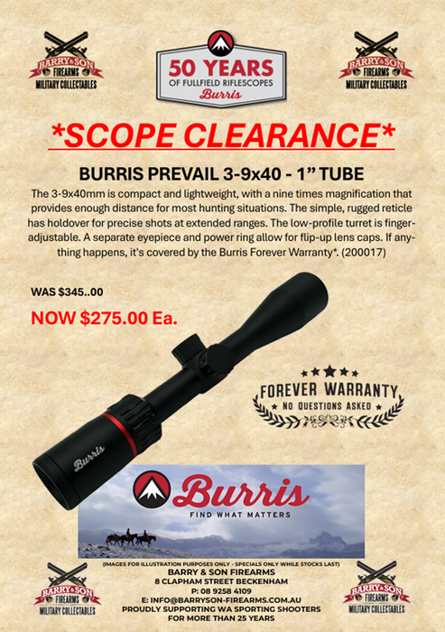BURRIS PREVAIL | 3-9x40 | BALLISTIC PLEX | 1" TUBE | SCOPE CLEARANCE